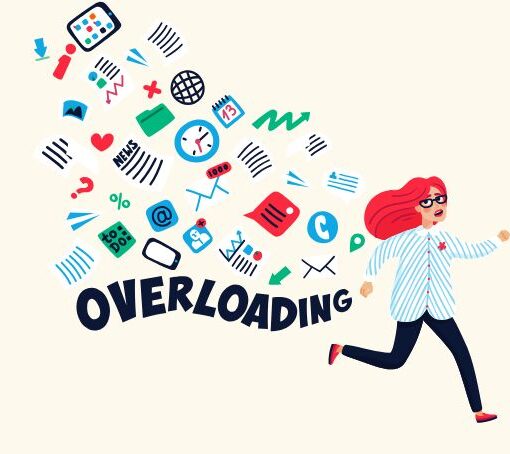 Gezeichnetes Bild einer Frau, die vor einem Haufen Aufgaben, symbolisch dargestellt durch kleine Icons, wegrennt. Dazu der Text "Overloading"