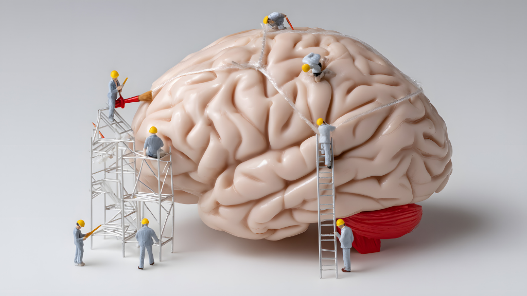 Künstliches Gehirn das von Bauarbeitern bearbeitet wird, zur Darstellung von Neuroplastizität