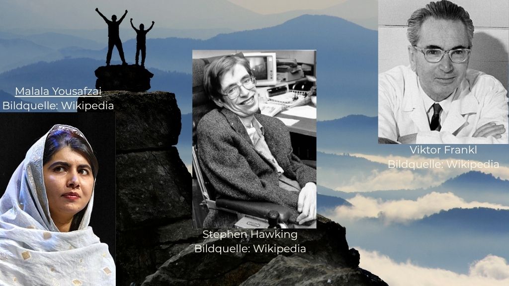 Symbolbild für Selbstwirksamkeit: Stephen Hawking, Malala Yousafzai, Viktor Frankl