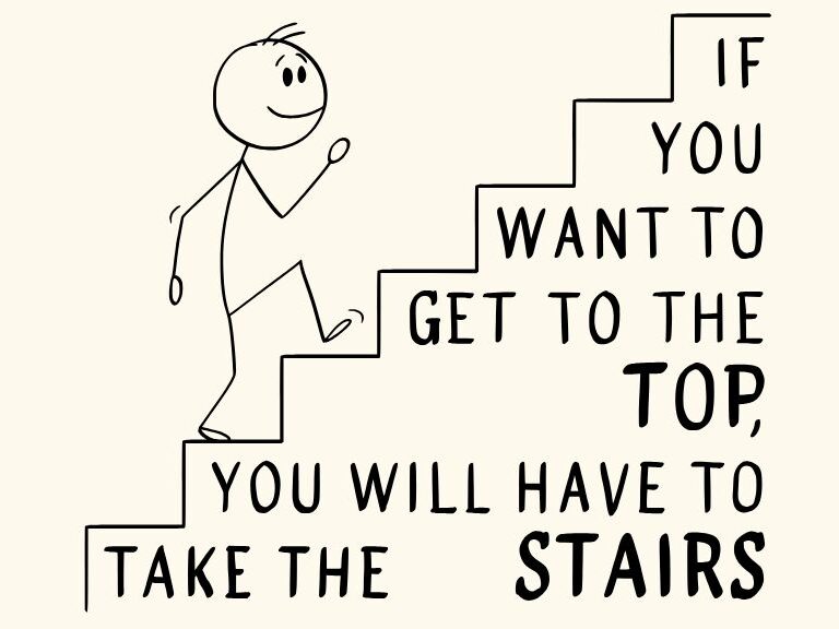 Gezeichnetes Bild eines Strichmännchens, das eine Treppe hinauf geht