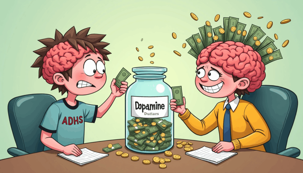 Zwei Comicfiguren sitzen nan einem Tisch, links mit ADHS, rechts ohne, und zwischen ihnen ein Glas mit Geld, auf dem Dopamin Dollars steht
