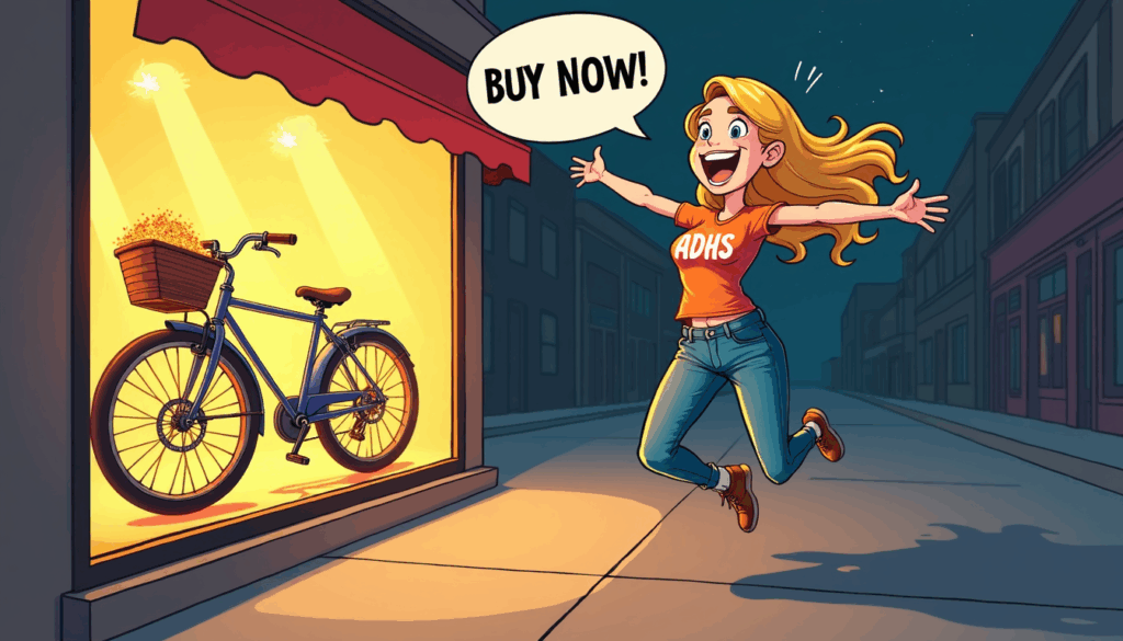 Comicbild, Frau vor Schaufenster in dem ein Fahrrad steht, sie ruft "Buy now!" als sinnbild für Impulsivität