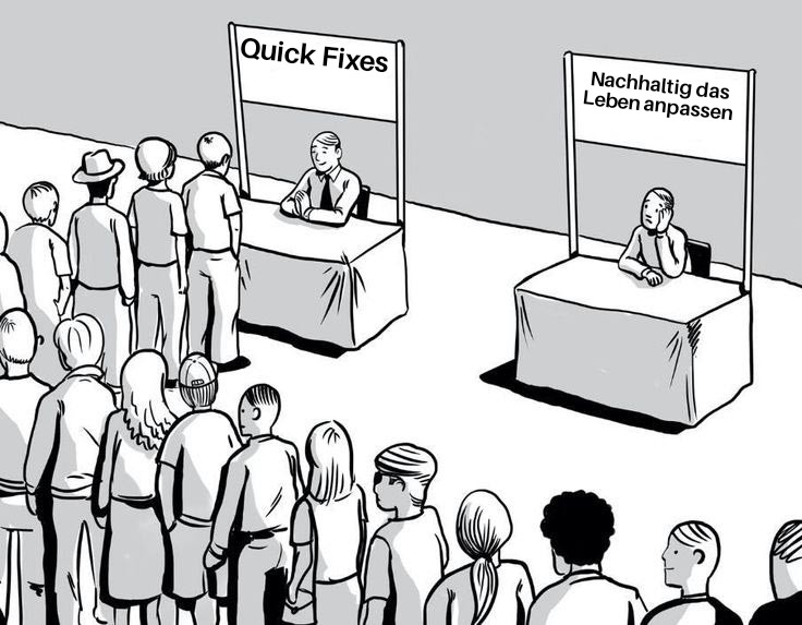 Meme zu Quick Fix vs Nachhaltig etwas ändern. Auf der einen seite der quick fixes steht eine lange schlange, auf der anderen keiner