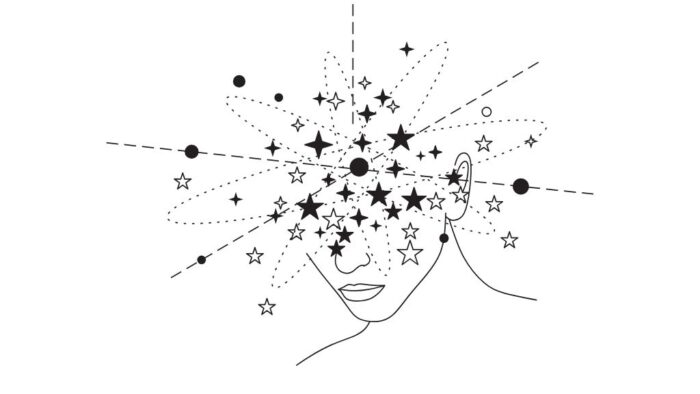 Symbolbild eines vollen Kopfes, Strichzeichnung, Sterne, kreise, Elipsen