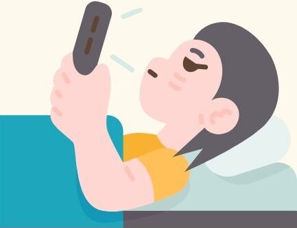 Symbolbild, grafische Zeichnung von mensch in Bett, der auf Handy schaut