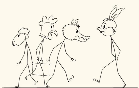 Strichmännchenbild, vier Männchen, jedes mit anderem Gesicht bzw Maske - Schaf, Huhn, Wolf, Hase