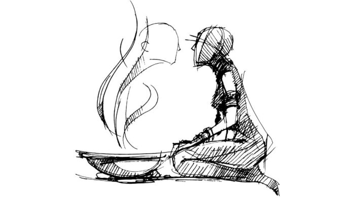 Symbolbild für Mini-Rituale - gezeichnet schwarzweiß, links eine Schale mit einer Art schatten eines Menschen, der sein Ebenbild Rechts anschaut