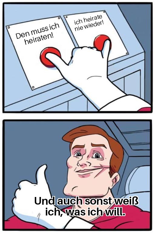 ;e,e, wie zwei rote knöpfe mit kleinem finger und daumen einer Hand gedrückt werden, auf einem steht "Den muss ich heiraten", auf dem amnderen "Ich heirate nie wieder", darunter ein verwirrt schauender Typ mit Daumen hoch, mit Text "Und auch sonst weiß ich, was ich will." als Symbolbild für Widerstreitende Gefühle bei menschen mit SDHS in Beziehungen