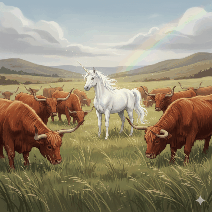 KI-generiertes Bild eines Einhorns in einer Kuhherde zur Erklärung, wie es sich anfühlt, anders zu sein