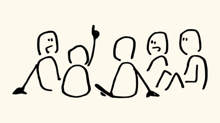 gezeichnete Strichmännchen, die in einer Selbsthilfegruppe zusammen sitzen und reden