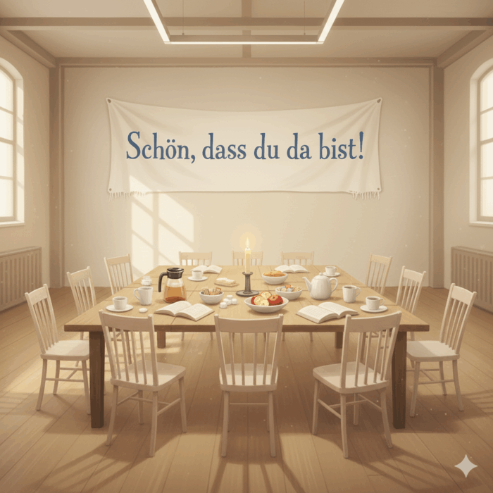 Raum einer selbsthilfegruppe. ein gedeckter Tisch mit Stühlen drum rum, eine Kerze in der Mitte. Im Hintergrund ein Banner mit der Aufschrift "Schön, dass du da bist:"