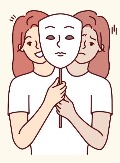 gezeichnete Frau mit zwei Köpfen hält eine neutral schauende Maske