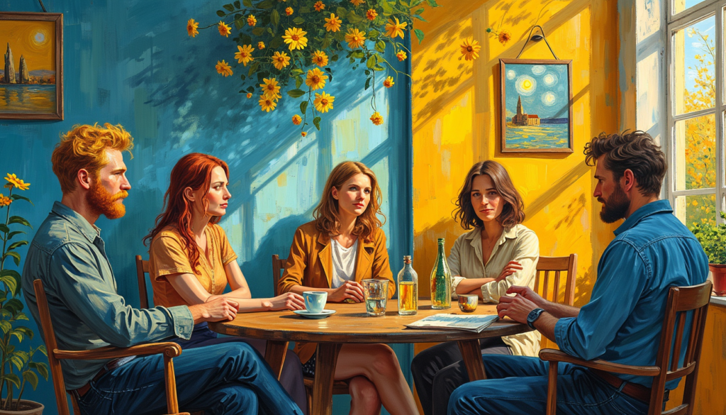 5 Menschen sitzen an einem Tisch, Frauen und Männer, sollen eine Selbsthilfegruppe darstellen