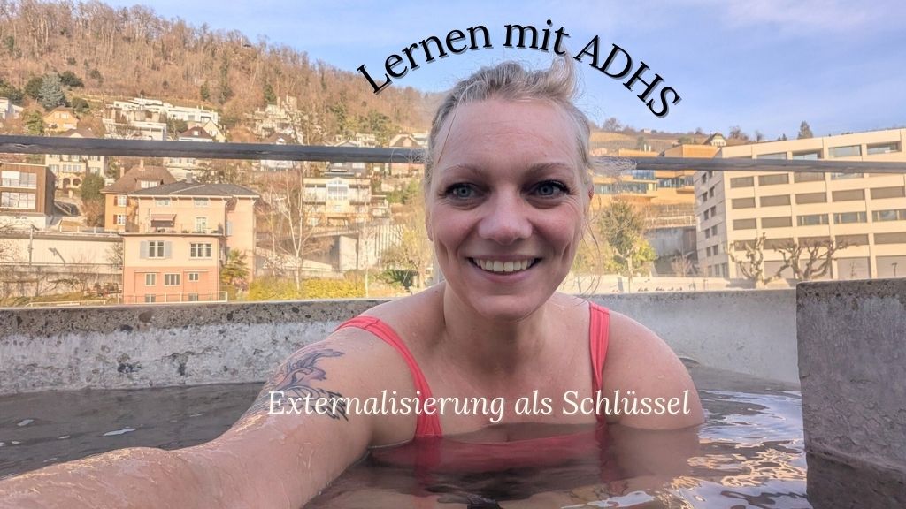 Titelbild zum THema Lernen mit ADHS - blonde Frau sitzt im Dezember in Thermalquelle