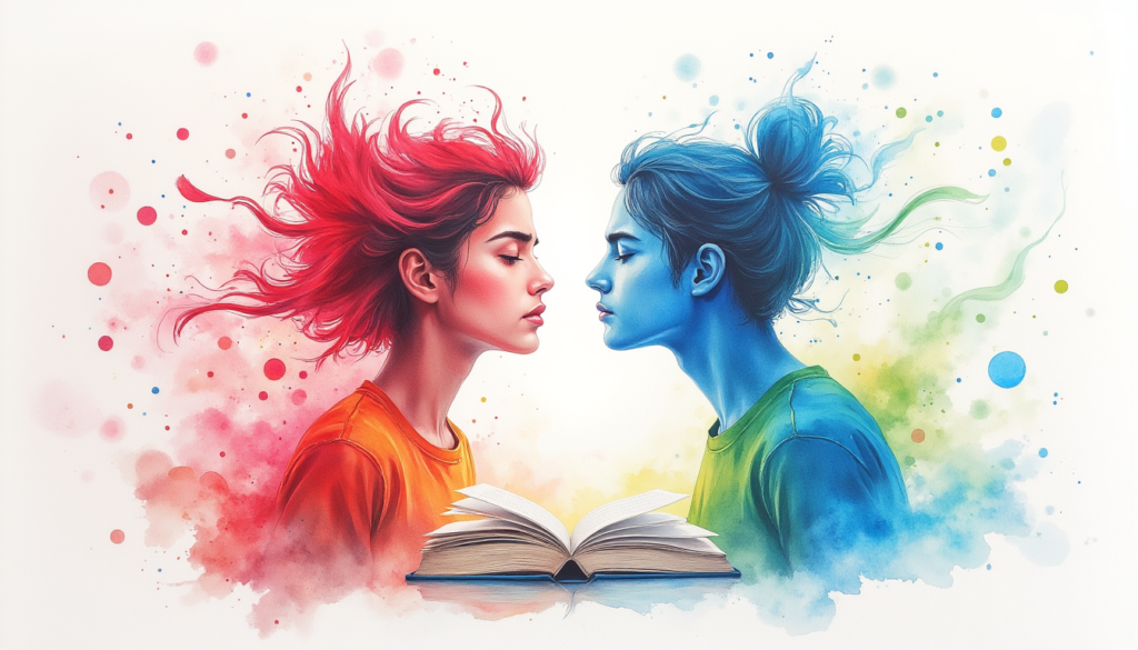 die Seiten des Lernens mit ADHS - KI Bild wie mit Wasserfarben, zwei Gesichter zueinander, das eine eher rot, das andere eher blau gefäbrt